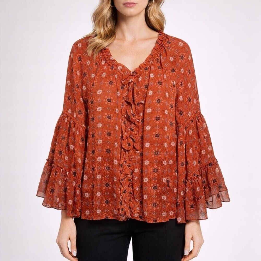 MISA Los Angeles Celina Ruffle Blouse Rust Medallion Sheer Metallic size Small